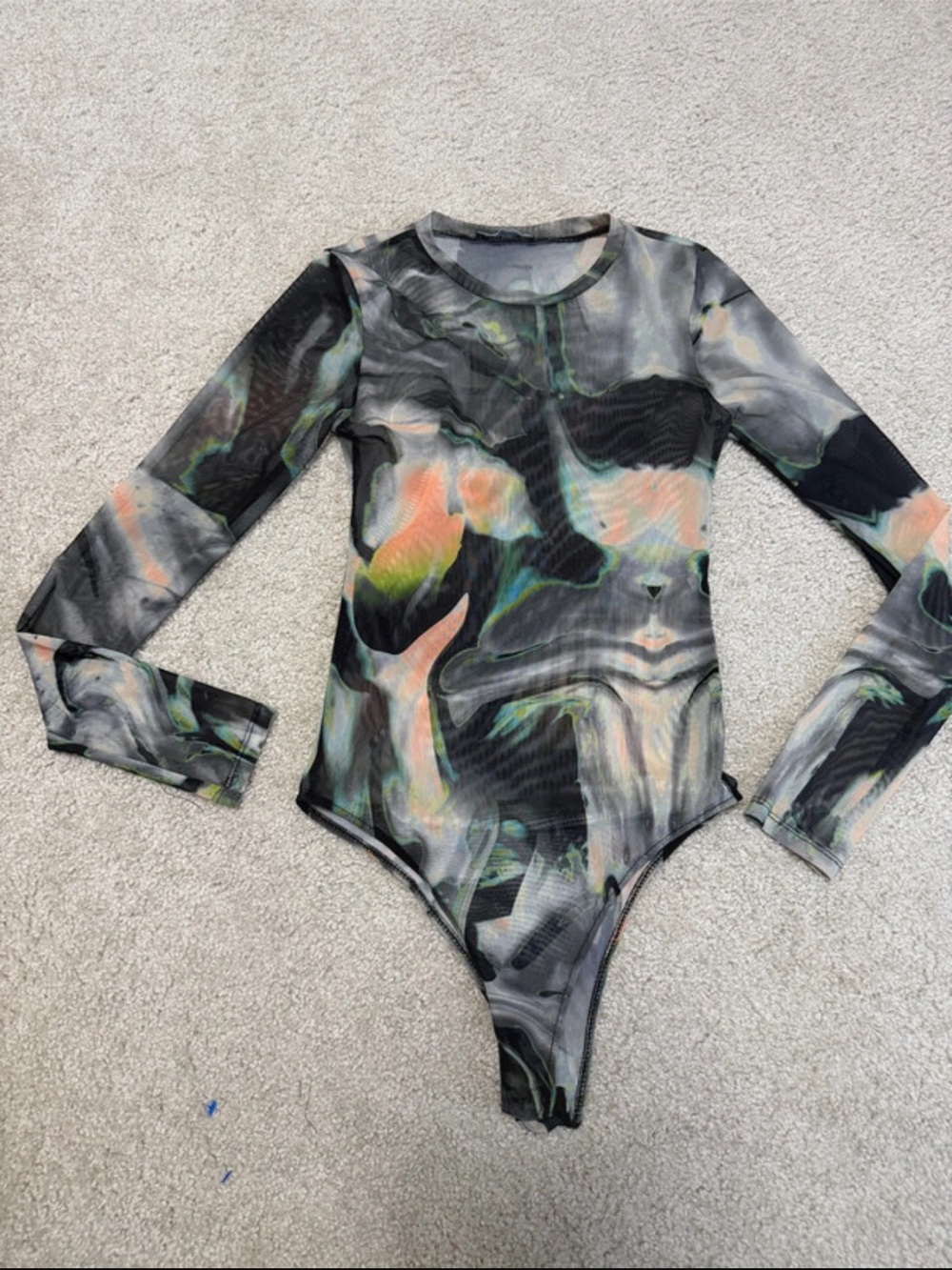 Zara Marble-Print Long Sleeve One-Piece Bodysuit - Black, Green & Peach